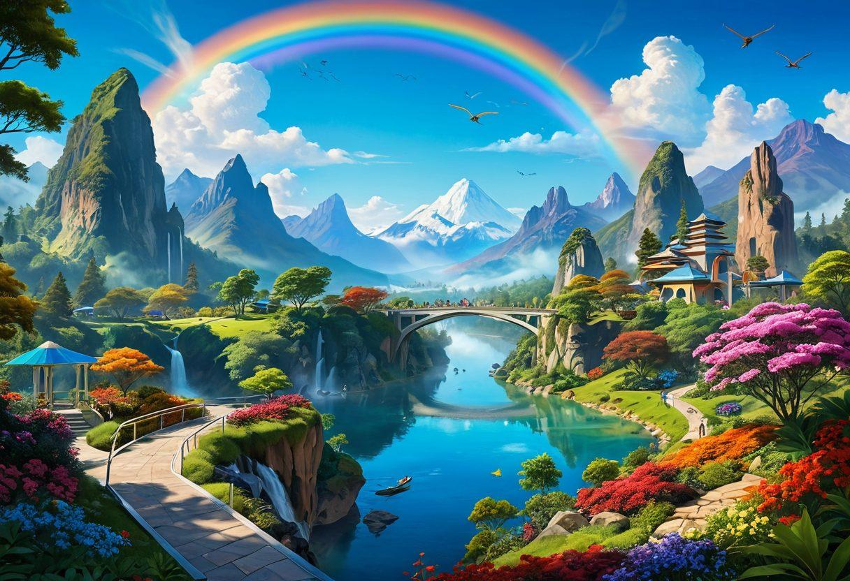 A serene landscape depicting a vibrant utopian world with lush greenery, futuristic architecture, and harmonious communities living in peace. Include elements like bright, colorful flowers, clear blue skies, and a rainbow bridging two mountains. Add diverse people collaborating and enjoying nature, showcasing creativity and unity. The overall scene should evoke feelings of hope and possibility. super-realistic. vibrant colors. 3D.