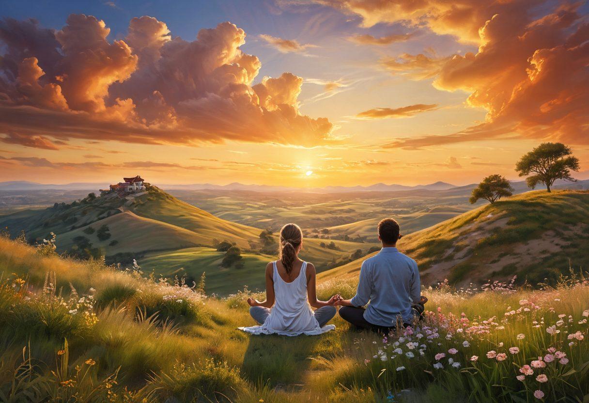 A serene landscape featuring a person meditating on a hilltop, surrounded by blooming flowers and a warm sunset casting golden hues. Include soft clouds in the sky and a gentle breeze represented by flowing grasses. The scene evokes feelings of peace, happiness, and contentment in nature. super-realistic. vibrant colors. peaceful atmosphere.