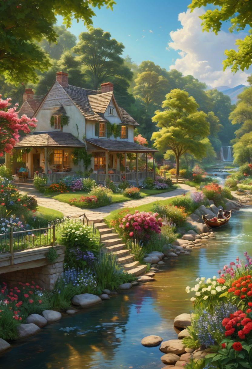 A serene landscape depicting a harmonious village with lush greenery, smiling people engaging in joyful activities, a sunlit garden filled with flowers, a cozy home with an inviting porch, and a peaceful river flowing nearby. The scene embodies tranquility and contentment, evoking a sense of utopia. vibrant colors. super-realistic.
